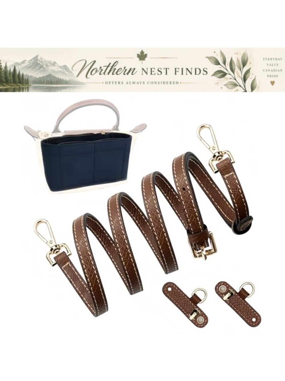 Felt Handbag Insert Organizer with Adjustable Leather Shoulder Strap